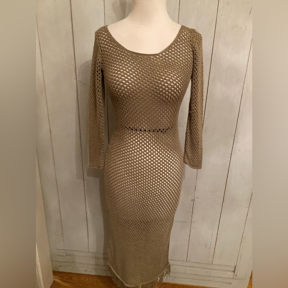 Anthropologie Carmel Crochet Dress Swim Cover Up Long Sleeve Side Slit Dress XS - Picture 3 of 11